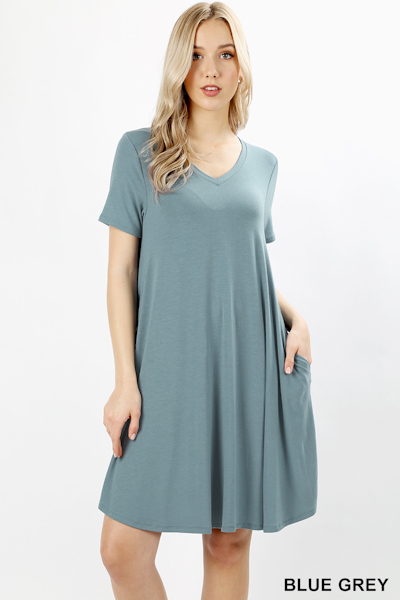 Zenana Premium Fabric V-Neck Short Sleeve Round Hem A-Line Dress with Pockets - Blue Grey