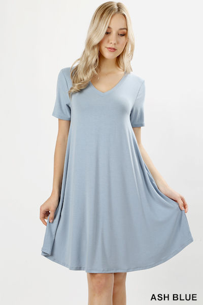 Zenana Premium Fabric V-Neck Short Sleeve Round Hem A-Line Dress with Pockets - Ash Blue