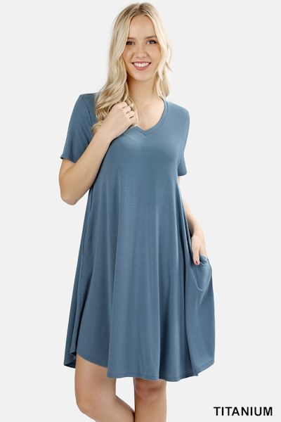 Zenana Premium Fabric V-Neck Short Sleeve Round Hem A-Line Dress with Pockets - Titanium