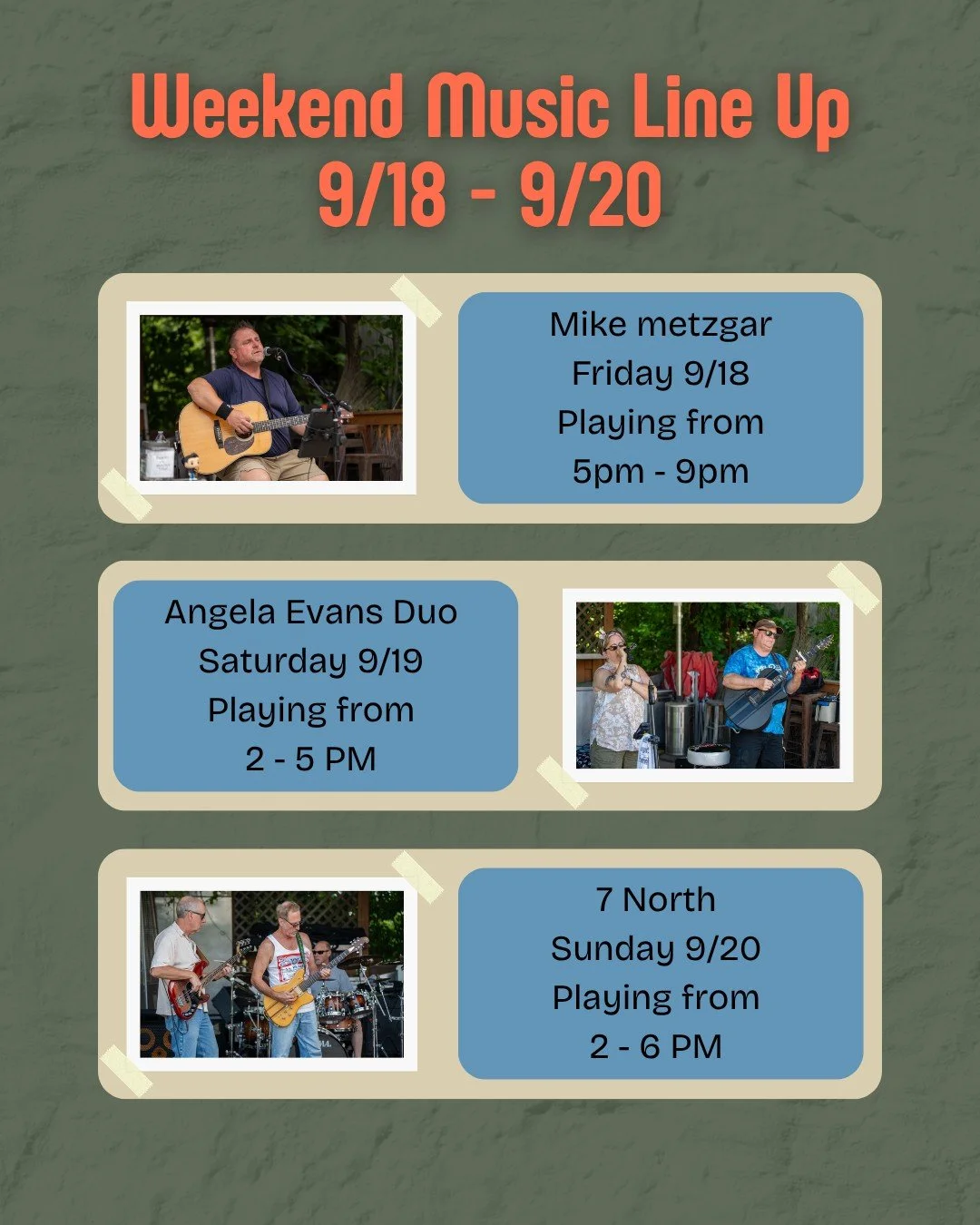 We&rsquo;ve got three great acts lined up at Riverside Barr &amp; Grill this weekend, so grab your friends, order your favorite food and drinks, and enjoy some live music by the river!

🎸 Friday, September 18th 
Mike Metzgar | 5 PM &ndash; 9 PM

🎤 