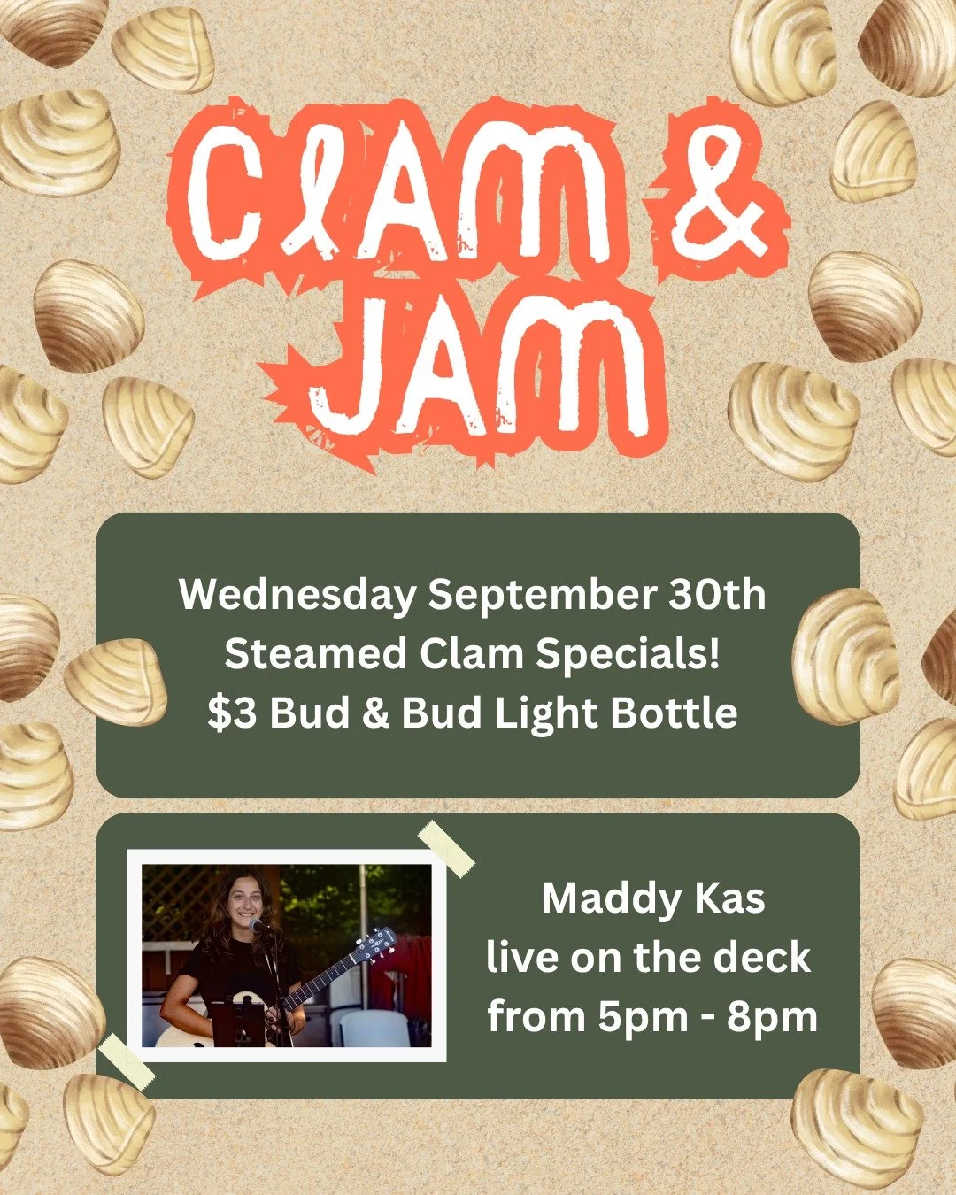 Join us tomorrow Wednesday, September 30th for a fun midweek night of steamed clams, cold drinks, and live music on the deck.

🦪 Steamed Clam Specials
🍺 $3 Bud &amp; Bud Light Bottles
🎸 Maddy Kas live on the deck from 5 PM &ndash; 8 PM
📍 Riversid