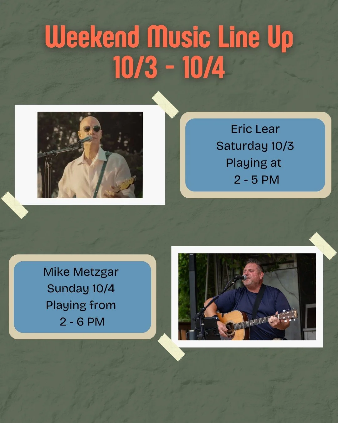 We&rsquo;ve got another great weekend of live music lined up at Riverside Barr &amp; Grill, so come grab some food, enjoy a cold drink, and spend your weekend with us by the river.

🎸 Saturday, October 3rd 
Eric Lear | 2 PM &ndash; 5 PM

🎤 Sunday, 