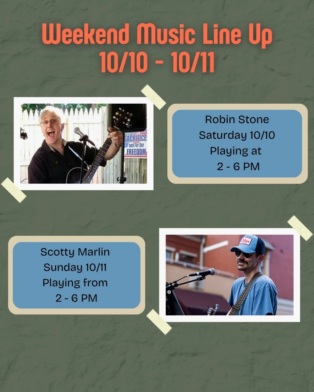 Spend your weekend by the river with two great afternoons of live music, good food, cold drinks, and plenty of Riverside vibes.

🎸 Saturday, October 10th 
Robin Stone | 2 PM &ndash; 6 PM

🎤 Sunday, October 11th 
Scotty Marlin | 2 PM &ndash; 6 PM

?