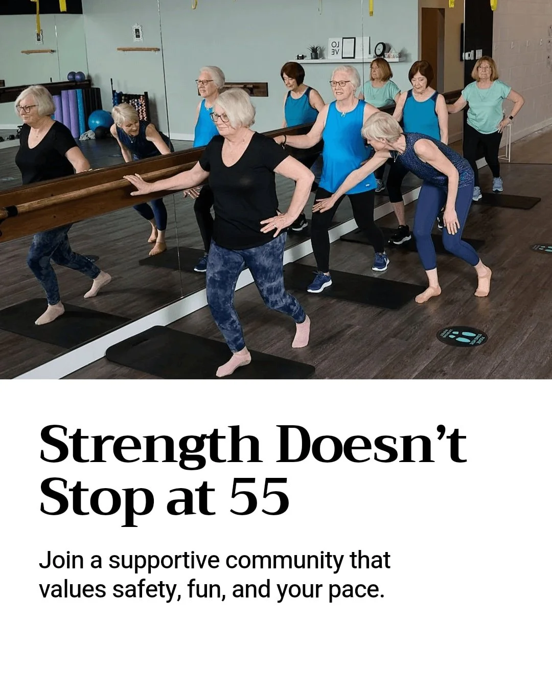 Ready to release your strength at 55+?

Find strength training designed just for mature women at Fifty 5 Fitness! Our classes focus on safety, proper form, and fun &mdash; all in a welcoming community where you can move at your own pace.

Join us to 