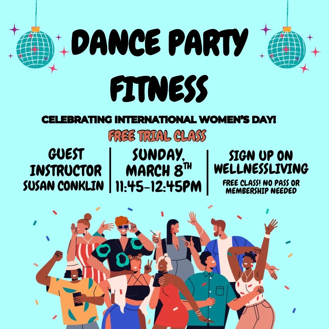 🎊IT&rsquo;S PARTY TIME!!🎊

To celebrate International Women&rsquo;s Day 👩🏼👩🏾&zwj;🦱👩🏽&zwj;🦱👩🏼&zwj;🦰 on Sunday March 8th, we will be trialing a NEW class called &ldquo;DANCEPARTY FITNESS&rdquo;!

Created by Susan Conklin, a Professional Da