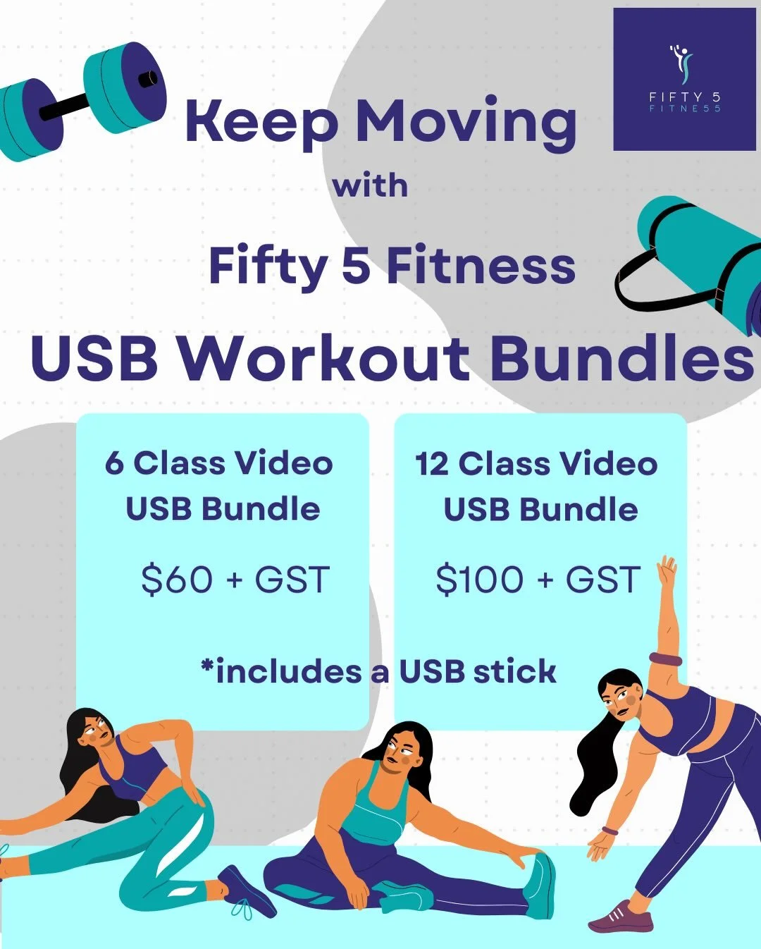 💪Fifty 5 Fitness USB Bundles are BACK! See 2nd photo for a list of classes INCLUDED!!!! 

☀️Are you traveling and want to keep moving while away? Our Fifty 5 Fitness bundles are back!! 

☀️Keep moving with Fifty 5 Fitness while on vacation with your