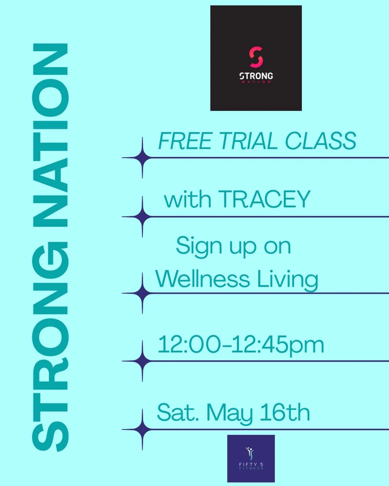 💪 FREE TRIAL CLASS 💪

On Saturday, May 16th from 12:00-12:45pm Tracey will teach a FREE trial STRONG NATION&reg;&nbsp;class. 🙌

The STRONG NATION&reg;&nbsp;class combines&nbsp;body weight, muscle conditioning, cardio&nbsp;and&nbsp;plyometric train