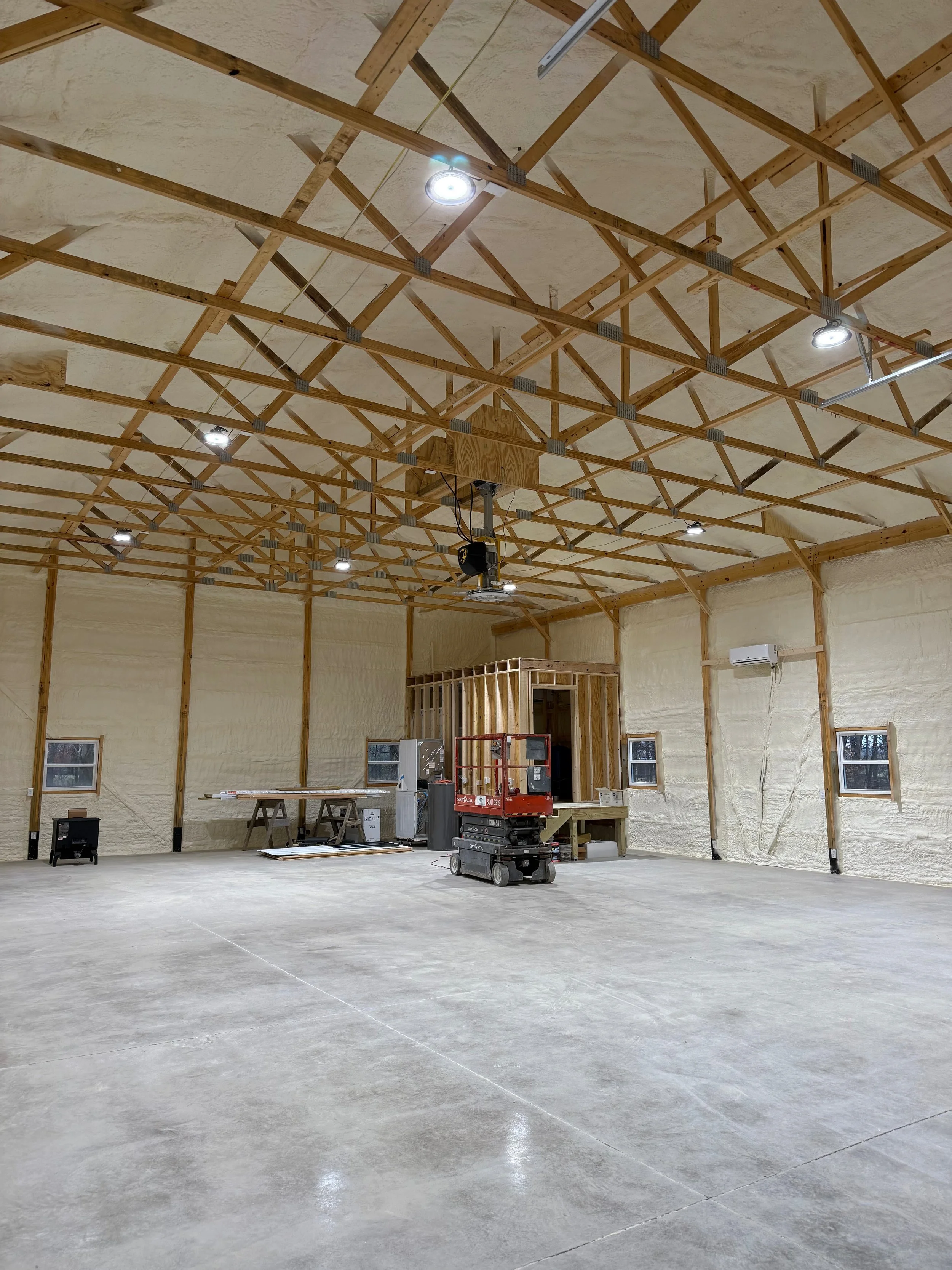 large commercial pole building fully insulated with spray foam on walls and vaulted ceiling — Summit Sprayfoam, central Ohio