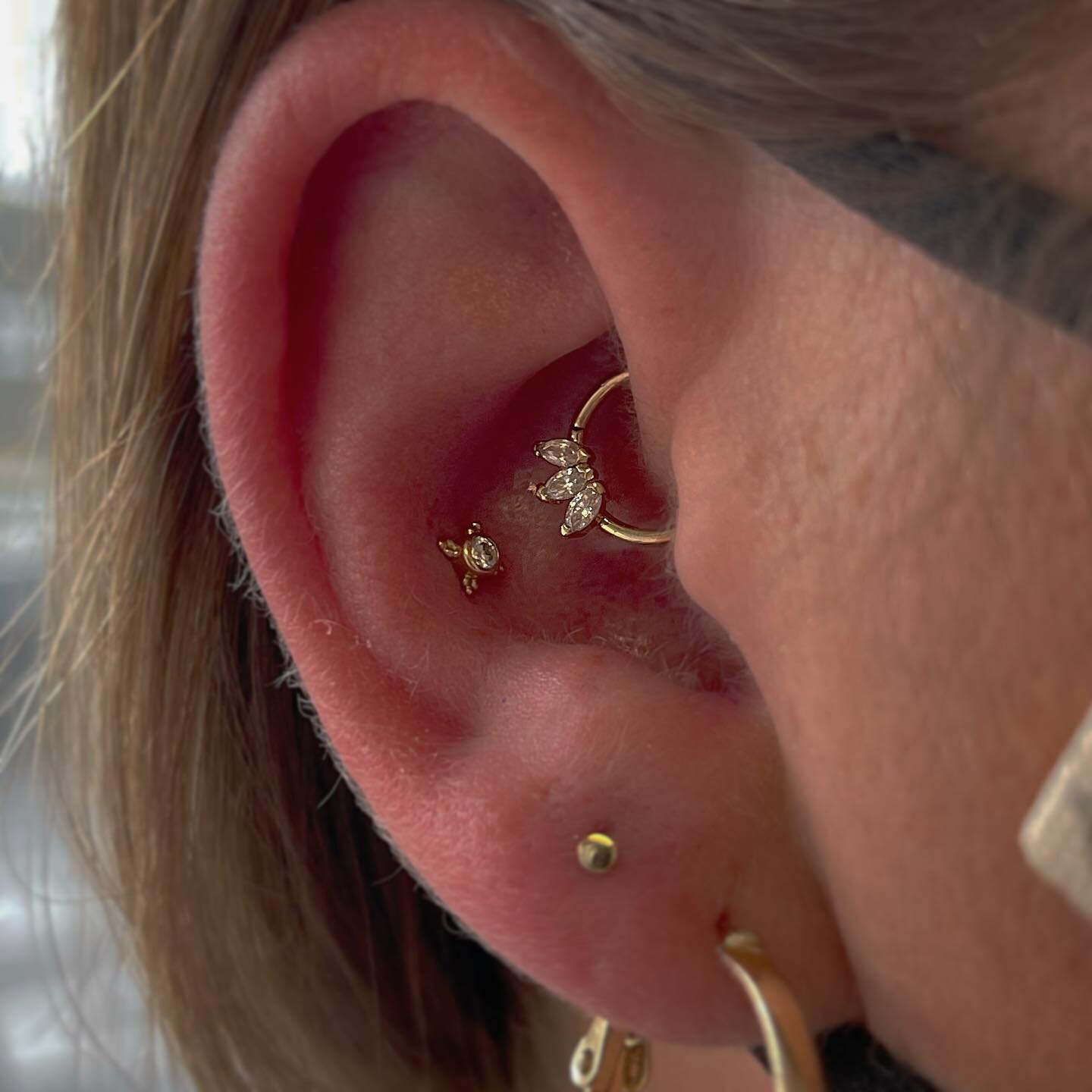 Stunning daith and conch performed by @tine_piercings using @bvla mini kandy with a genuine diamond and a Marquise fan ring both in yellow gold 💛 Going for some definitely est goal vibes over there 😍

To book an appointment please head on over to o