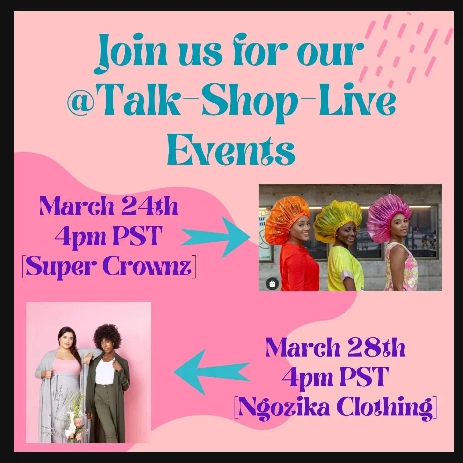 @Supercrownz  x @Talkshoplive: 3/24 at 4pm PST
Link in Bio. Tap In! 💚🧡❤💛💙🖤💓
.
.
#live #shop #chat #haircare #showercaps  #giveback  #philanthropy #hair #naturalhair #shopsmall #LA #livestream #livechat  #influencers #TalkShopLive #NgozikaOkeke 