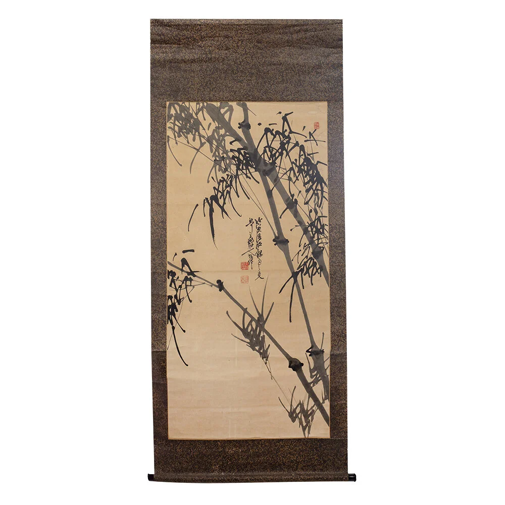 Large Japanese Scroll With Bamboo Imagery