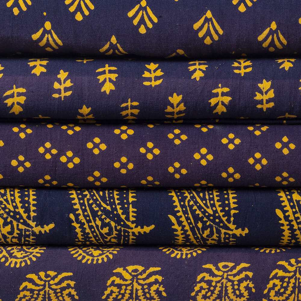 Blockprint Fabric, Purple/Yellow Patterns