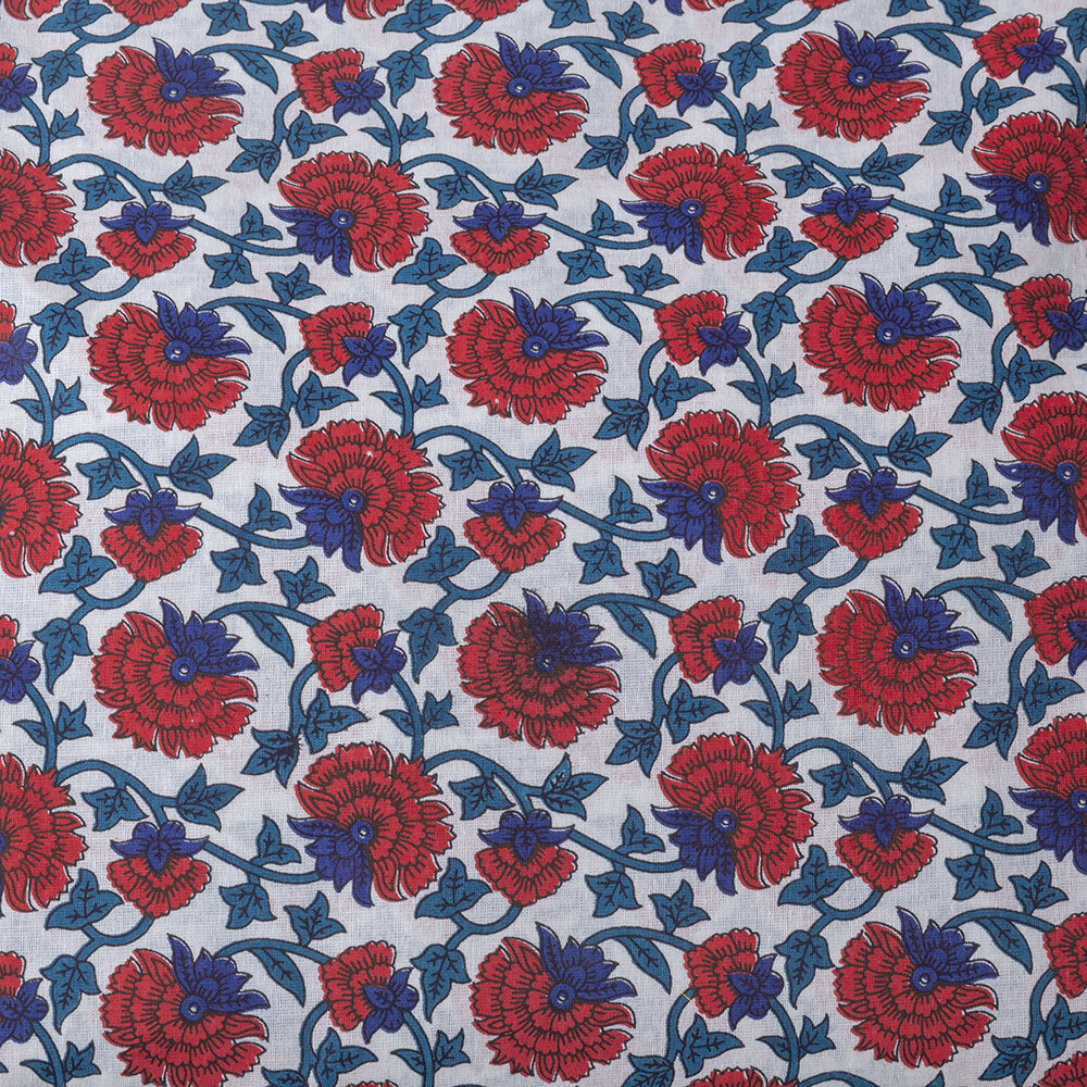 Fabric with blue and red floral print