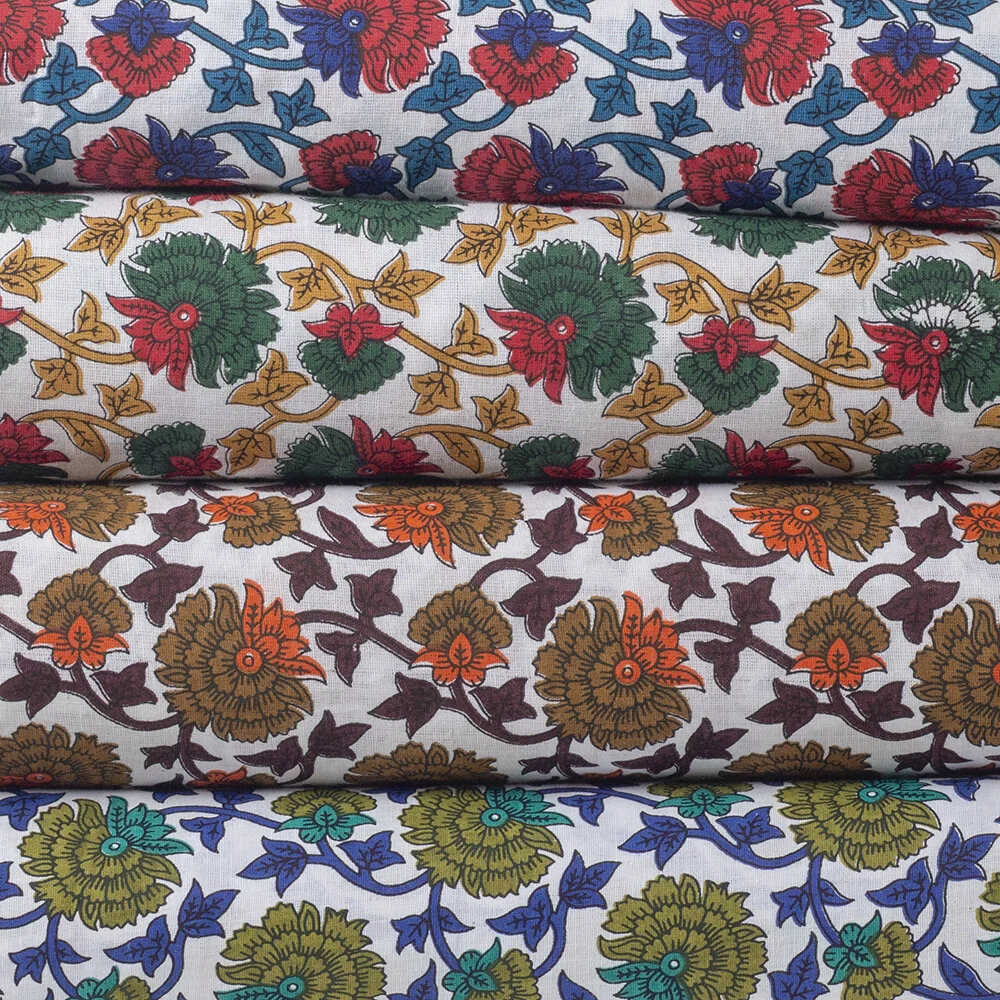 Moghul Blockprint Fabric, Bright Florals