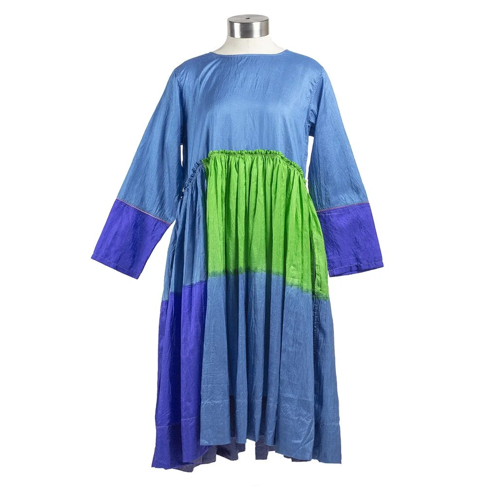 INJIRI Silk Gathered Waist Dress, Color Block
