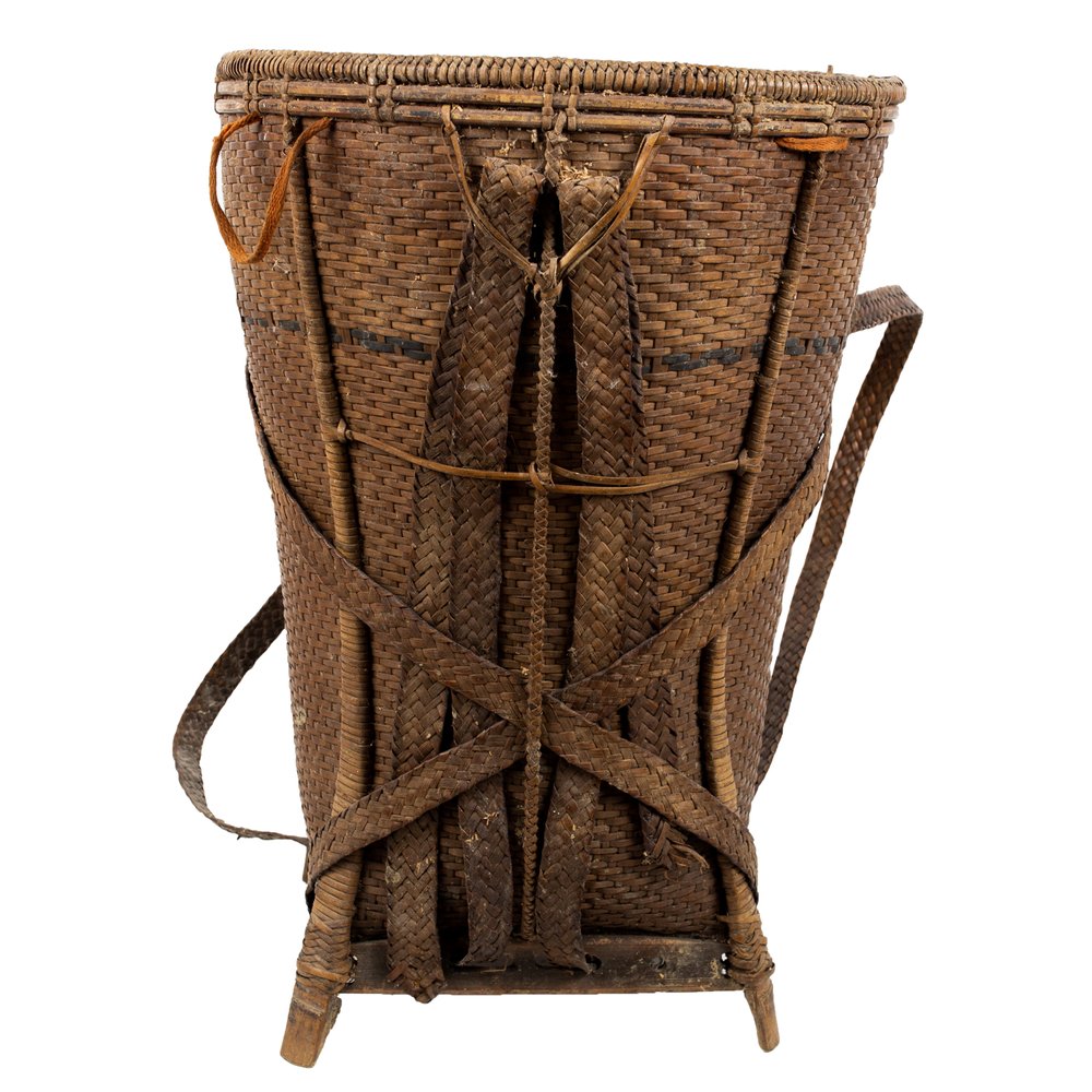 Vintage Burmese Hand-Woven Rattan over Wood Basket Hamper