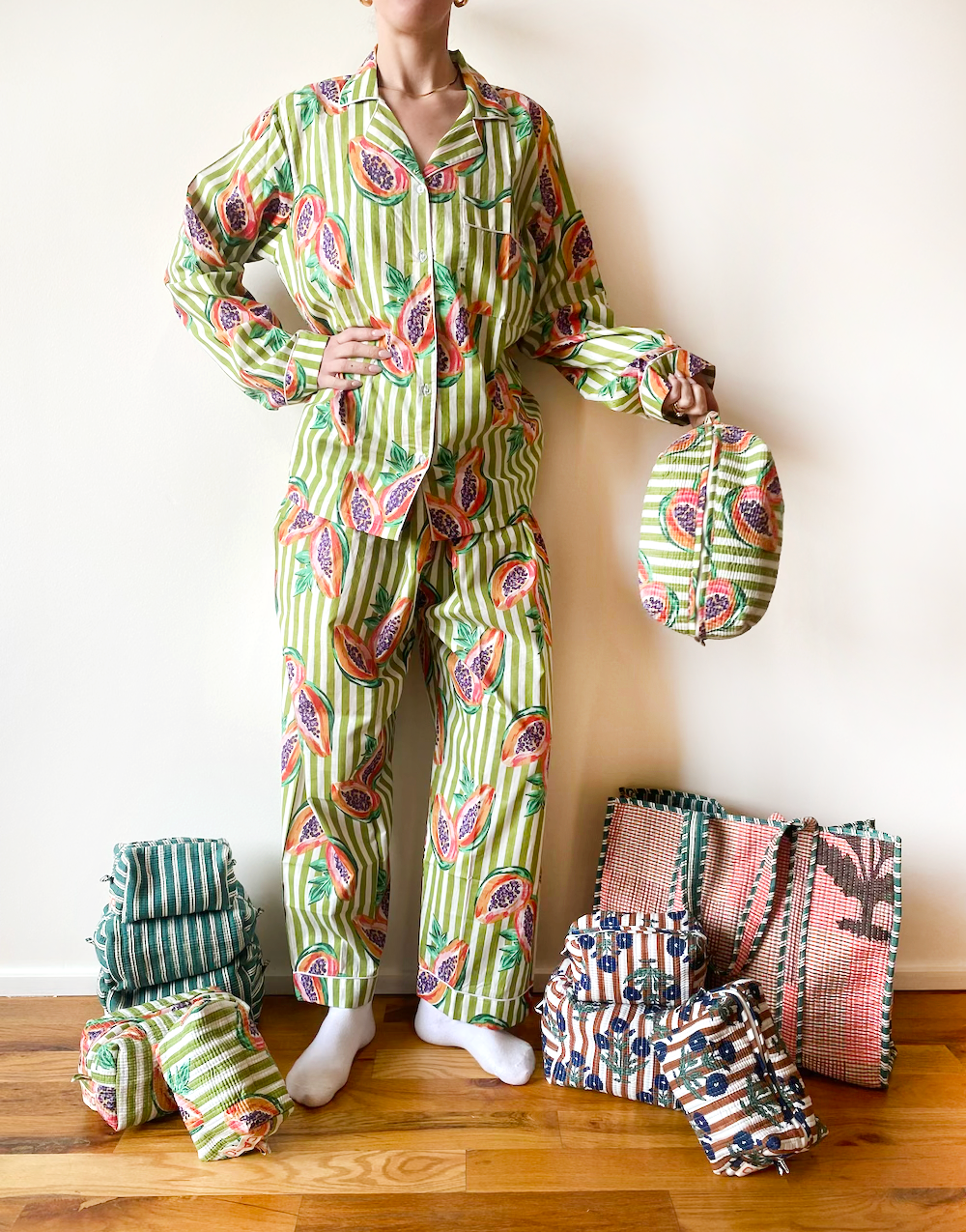 Cotton Pajama Shirt, Pants & Shorts - Papaya