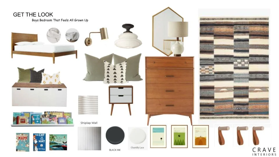 1 Bed 2 Bedding 3 Rug 4 Nightstands 5 Bench 6 Bench Cushion and Throw Pillows 7 Art 8 Wall Hooks 9 Table Lamp 10 Mirror 11 Ship Lap