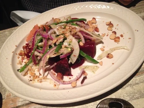 Roasted beet salad with haricot verts, fennel, grapefruit, and almonds