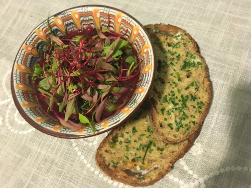 Jon’s borscht waiting for me in the fridge when I come home. Warmed and blanketed with dill, love, and beet micros. Chive butter. All the chive butter.