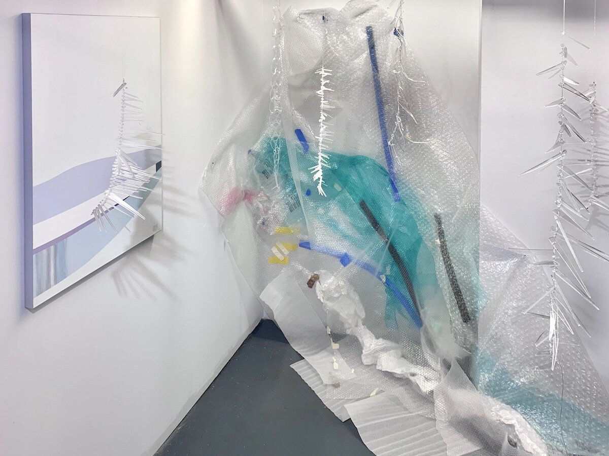  Olga Feshina: Ice Balance, 2020, installation - mix media  Ice Balance - acrylic on canvas, 40 x 30 in / 102 x 76 cm  Ice, 2020 - polyethylene, polyvinyl, foam plastic, 100 x 60 in / 254 x 152 cm  Icicles, 2020 - plexiglass, silicone, silver, stone,