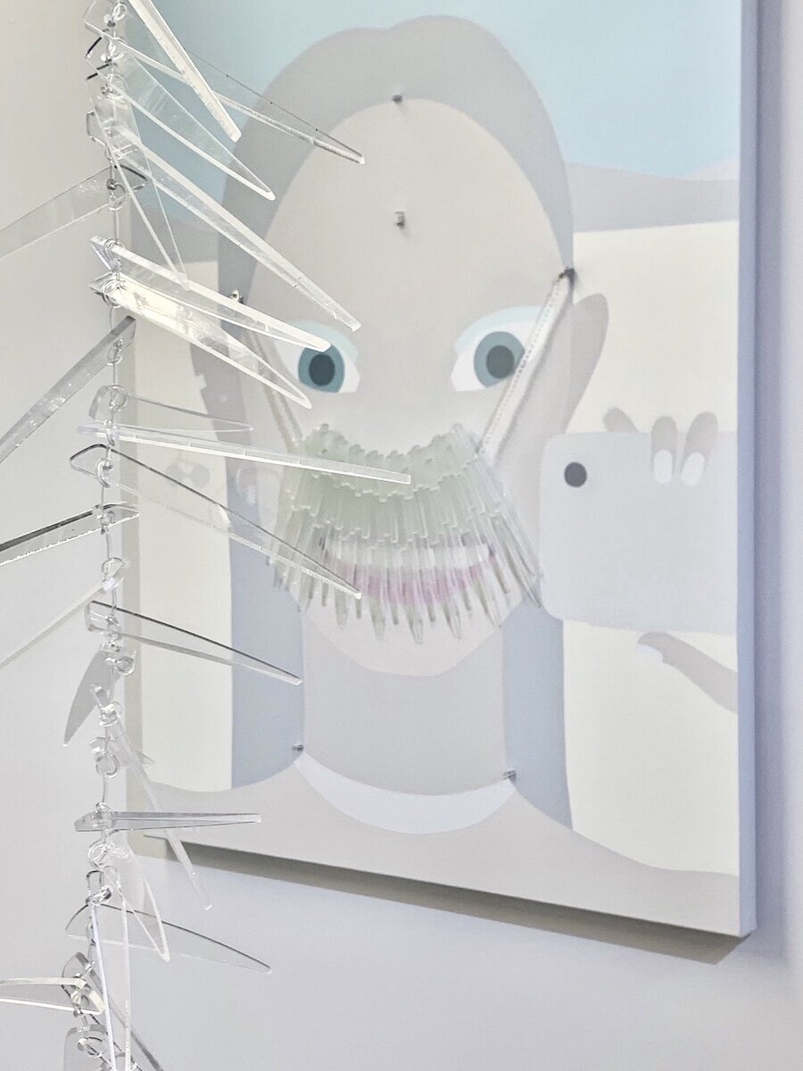  Olga Feshina, Ice Balance, 2020  Installation - mix media  Selfie with Mask, acrylic on canvas,&nbsp;stone, plastic, metal, silicone, 40 x 30 inch / 101.6 x 76 cm  Icicles, plexiglass, silicone, silver, 25 inch / 63,5 cm   
