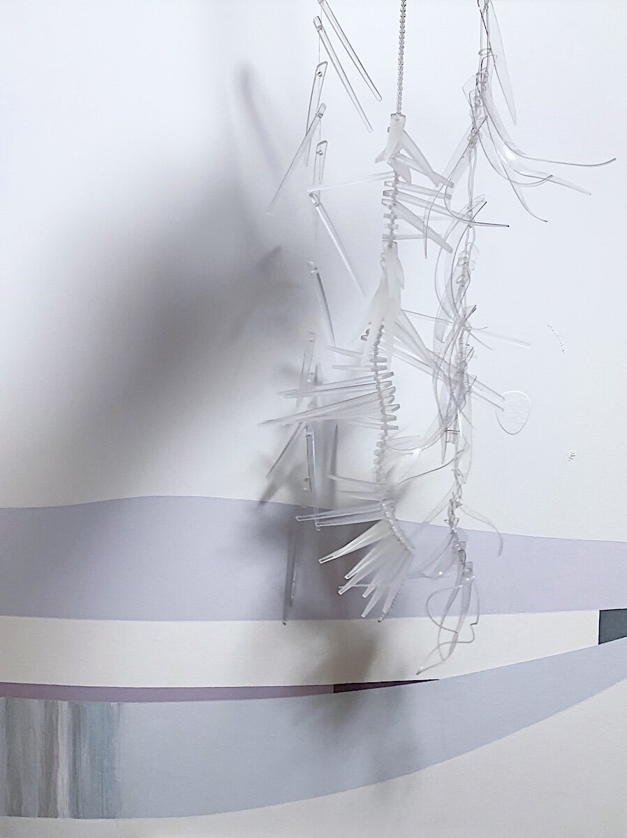  Ice Balance, 2020 - acrylic on canvas, 40 x 30 in / 102 x 76 cm  Icicles, 2020 - plexiglass, silicone, silver, stone, 20 ~ 25 in   