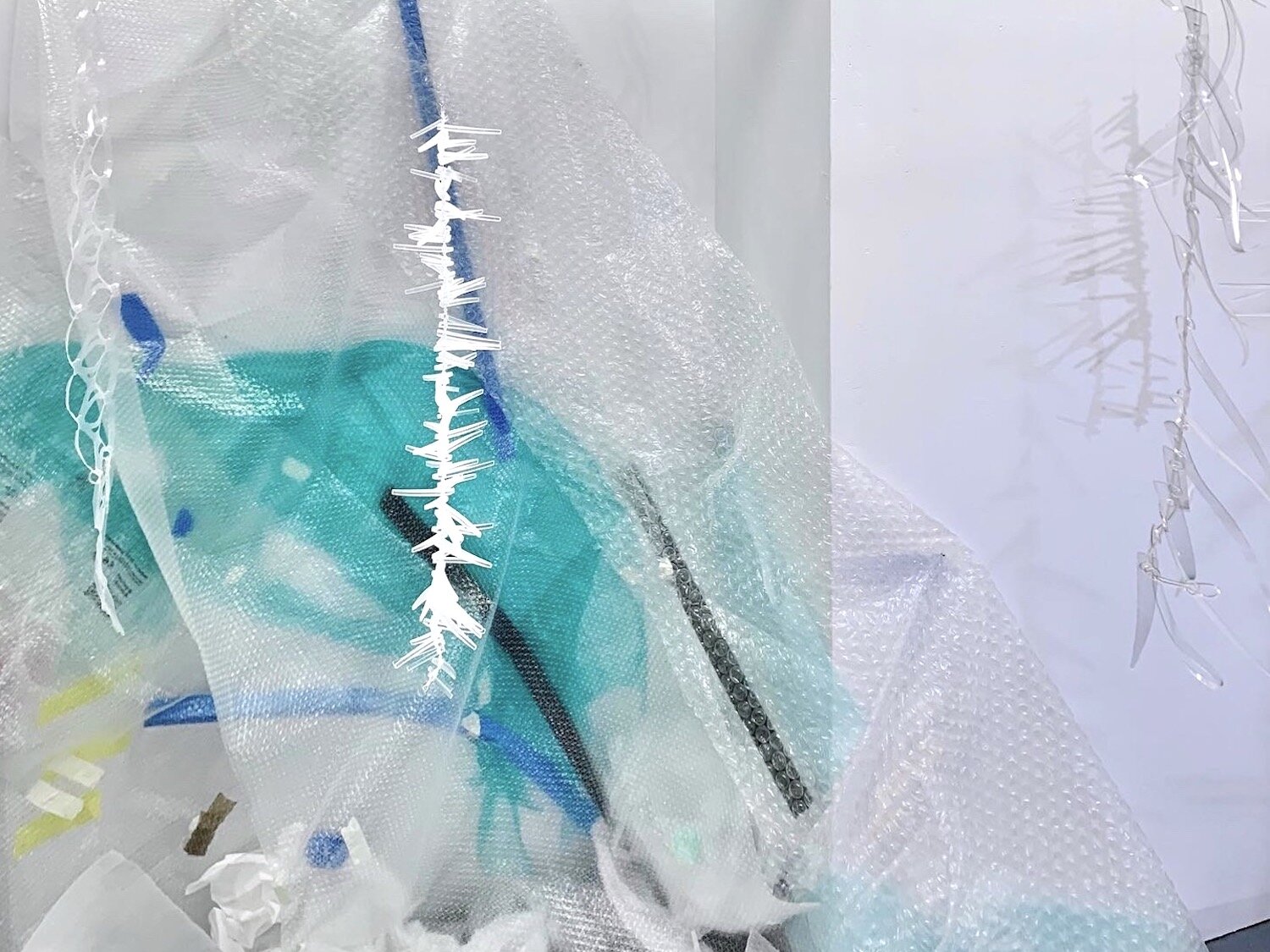  Olga Feshina: Ice Balance, 2020, installation - mix media  Ice, 2020 - polyethylene, polyvinyl, foam plastic, 100 x 60 in / 254 x 152 cm  Icicles, 2020 - plexiglass, silicone, silver, stone, 20 ~ 25 in   