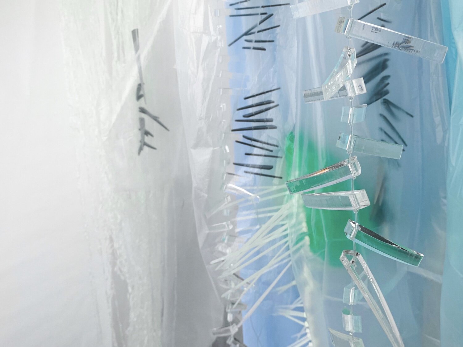  Olga Feshina: Ice Balance #02, 2020, installation - mix media  3 x 1 x 3 m / 10 x 3.3 x 10 ft  Icicles, 2020 - plexiglass, silicone, silver, stone, plastic, 20 ~ 30 in  Ice, 2020 - polyethylene, polyvinyl, foam plastic, 100 x 60 in / 254 x 152 cm   
