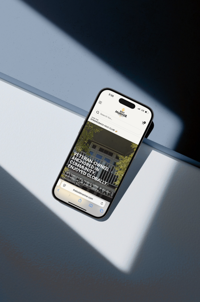 Mobile phone mockup of The Bold Mariner website