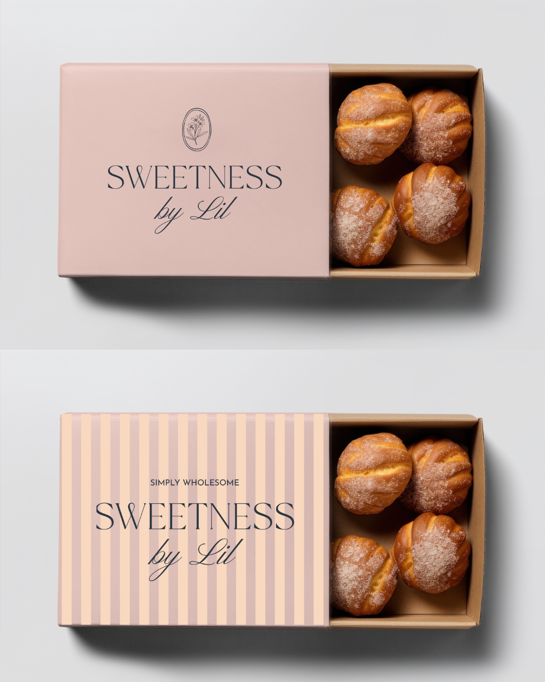 Packaging for baked goods in boxes labeled Sweetness by Lil