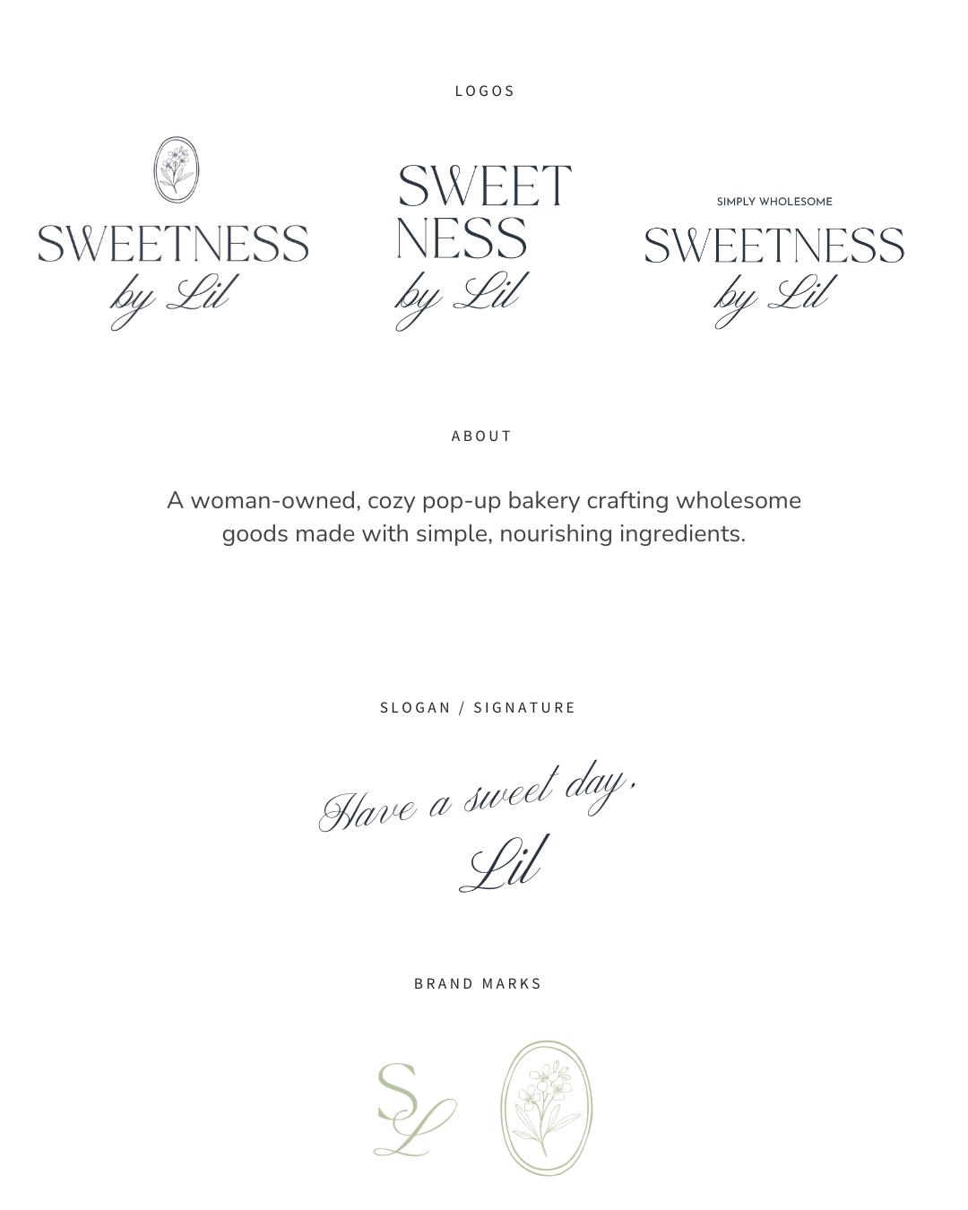Branding sheet with logos and brand marks for woman-owned bakery, Sweetness by Lil