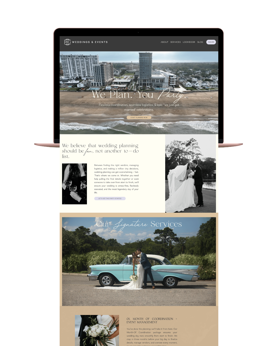 Wedding event planning website shown on a tablet screen with a cityscape and beach image at the top, a black and white photo of a bride and groom, and a photo of a bride and groom standing next to a vintage car outside in nature.