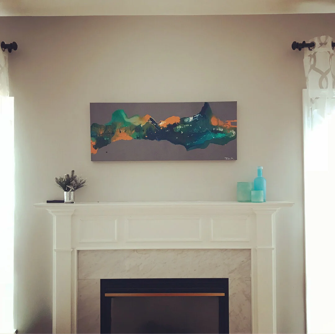 I love seeing my paintings in customers homes. Perfect size for this mantle piece! 
Shop my current pieces with more coming soon! 
Www.tessamariestudio.shop/paintings