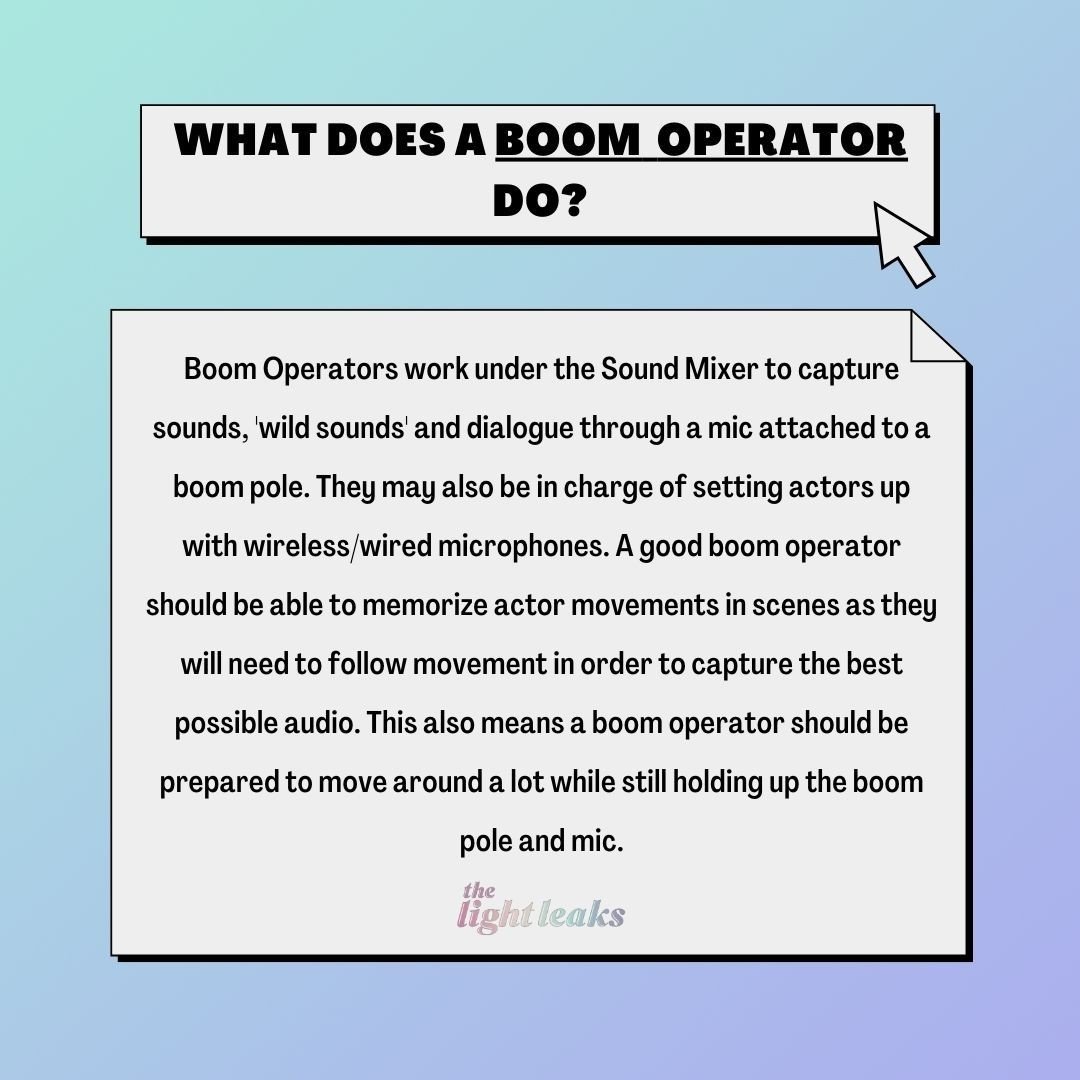 simply put, the boom operator's job is to hold and position the boom mic on set to capture sound during each take ✨⁠
⁠
boom operators are usually the first crew members to arrive and the last to leave set because they also have to set up and take dow