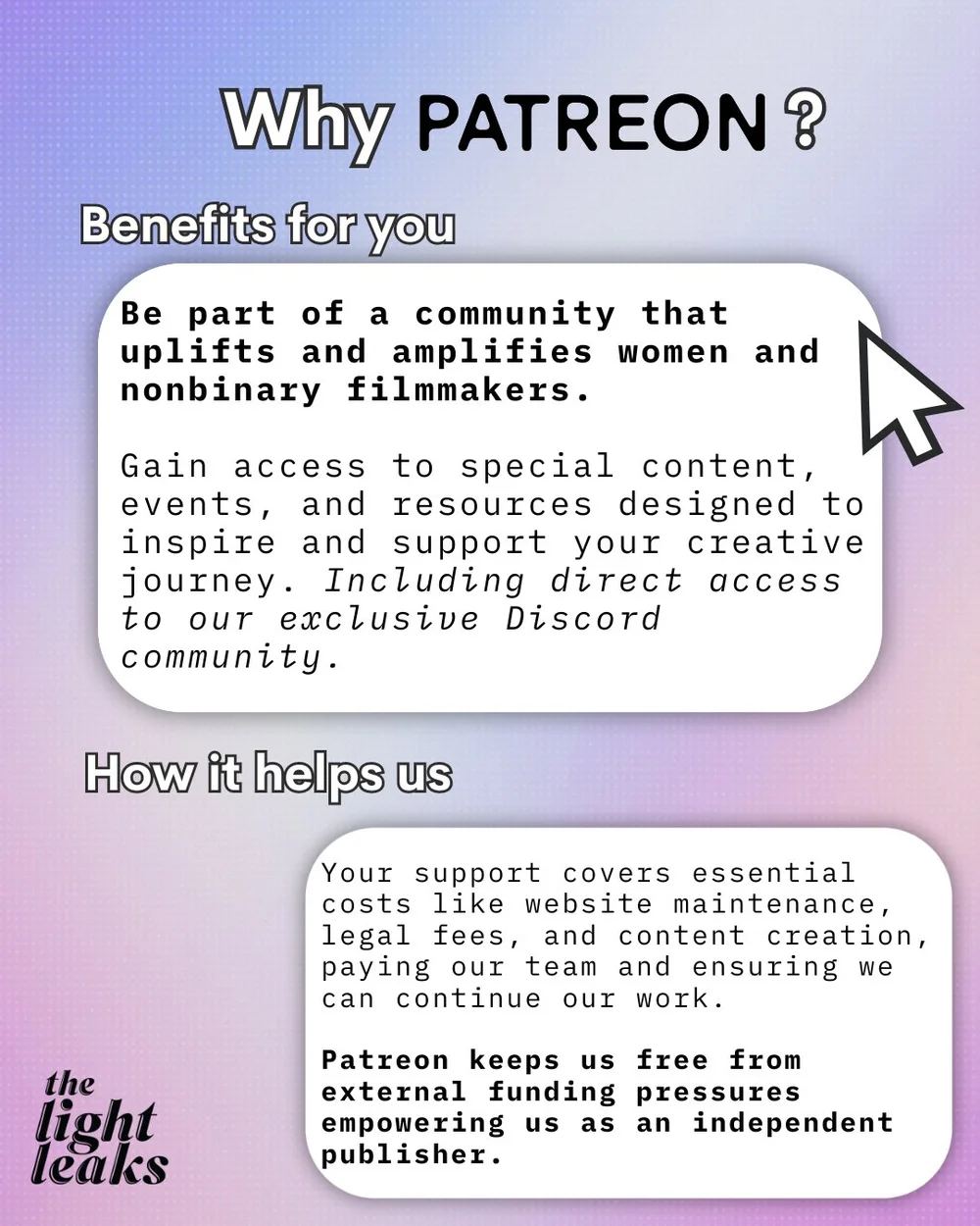 ✨ Join The Light Leaks Patreon! ✨⁠
⁠
Are you a woman or nonbinary filmmaker looking for support, resources, and a creative community that gets you? We&rsquo;ve got you! 💡 By joining our Patreon, you&rsquo;ll gain exclusive access to The Light Leaks&