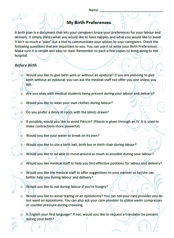 My Birth Preferences