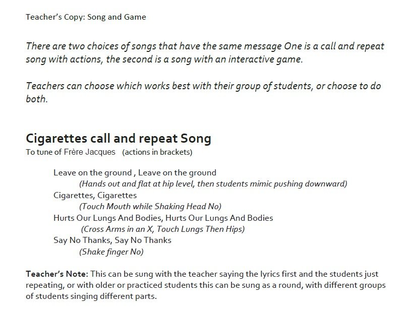 No Cigarettes Game/Song - Teacher Key