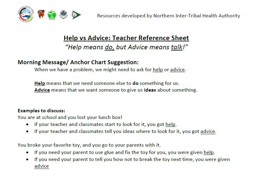 Help Vs Advice - Teacher Reference Sheet
