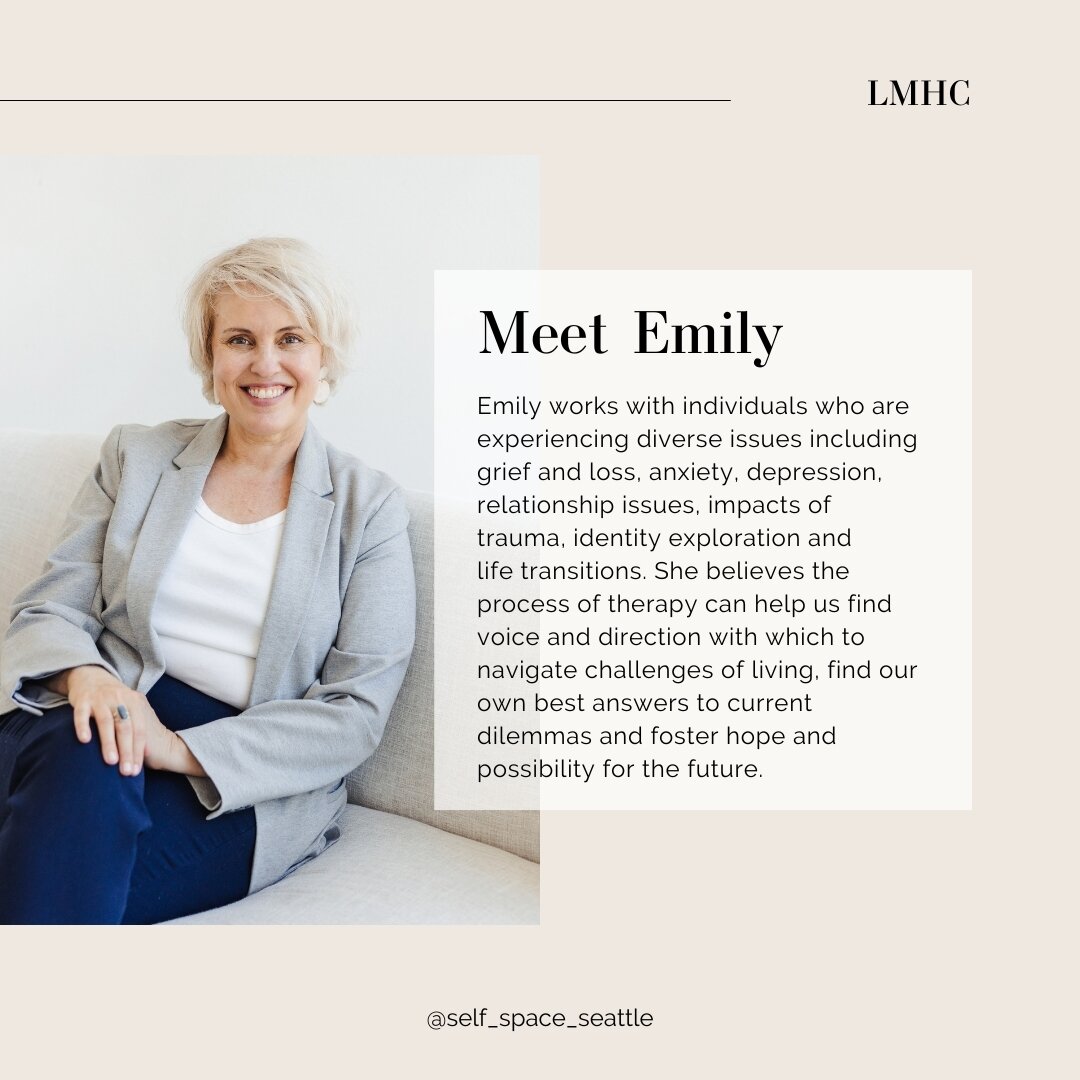 Meet Emily West, LMHC, one of our incredible therapists here at Self Space. Emily works with individuals who are experiencing diverse issues including grief and loss, anxiety, depression, relationship issues, impacts of trauma, identity exploration a