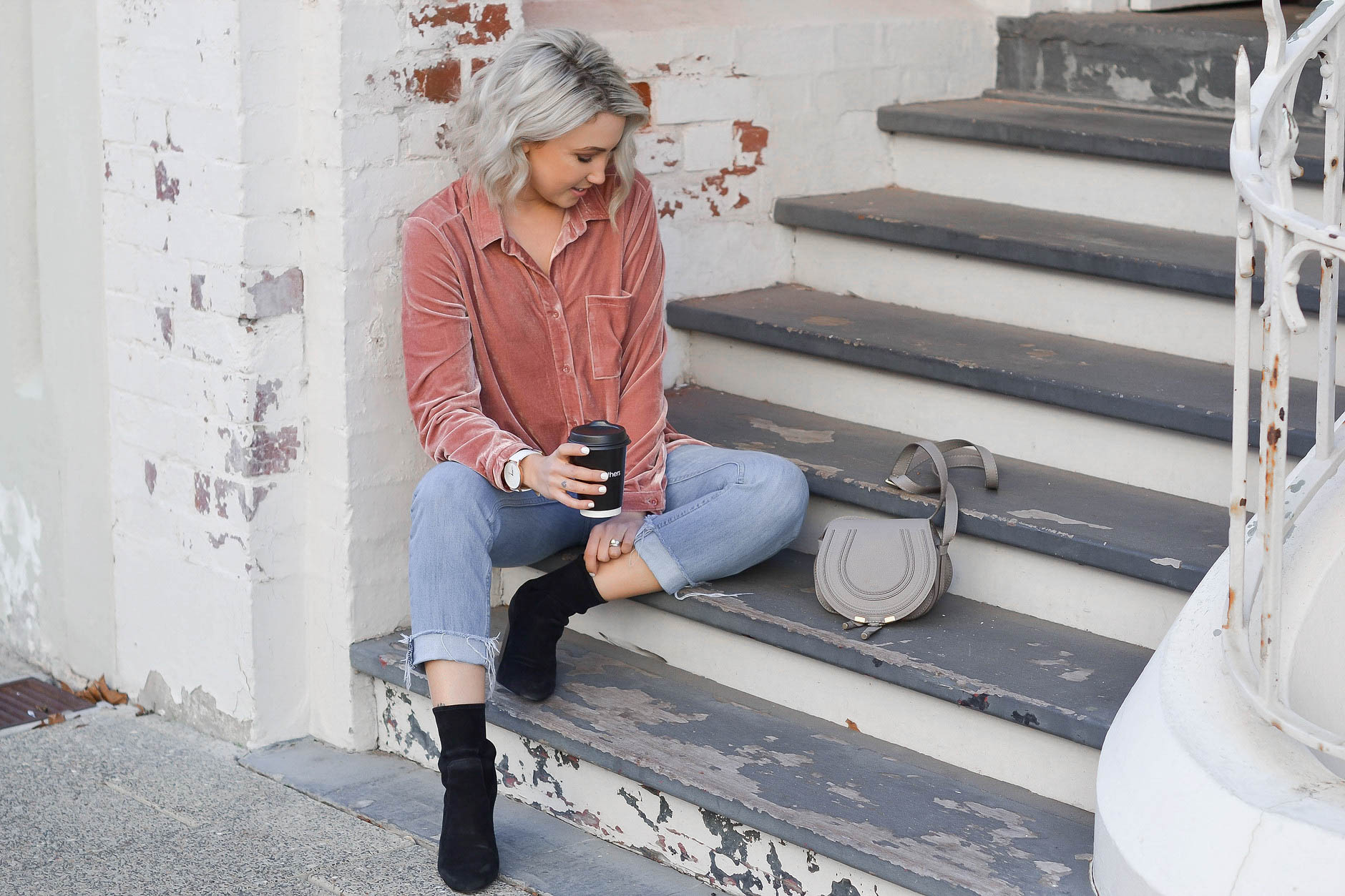 Outfit: Studio Velvet Shirt from Lock & Key Clothing , Kick Crop Jeans from Lock & Key Clothing , Demi Suede Boots from Lock & Key Clothing , Why Watches Watch, Marmont Belt from Gucci and Chloe Bag from MatchesFashion