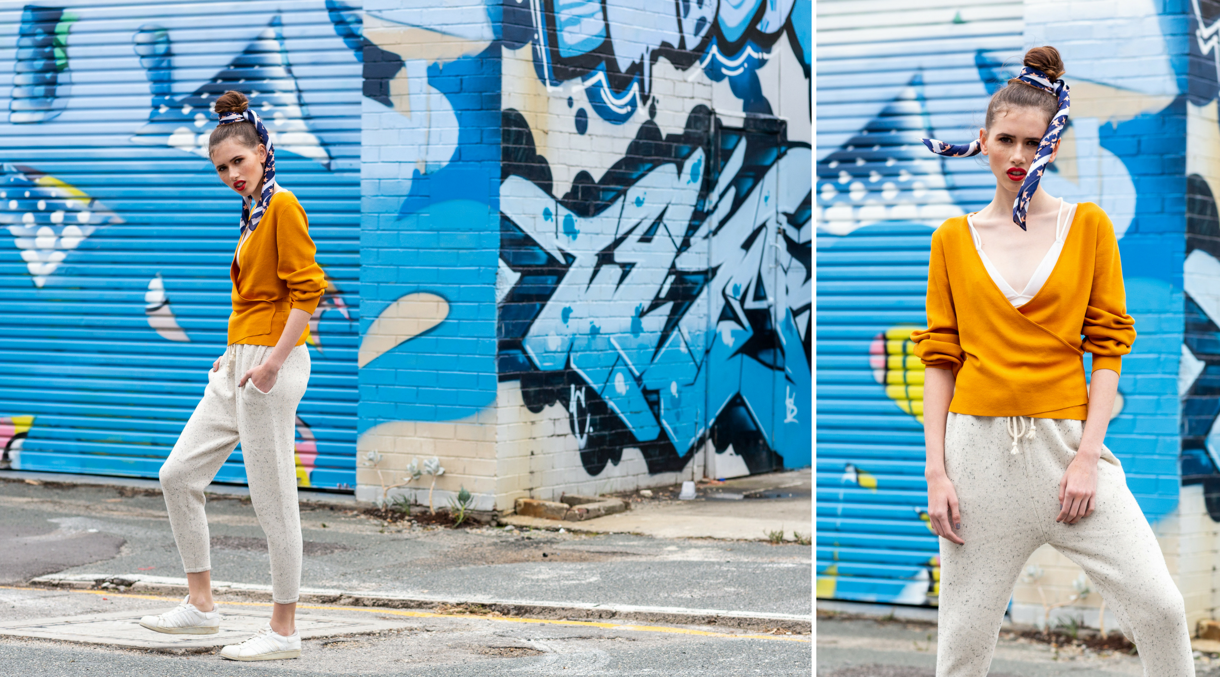 Desiree wears: After Sunset Wrap Top , Starry Night Scarf & Haru Knit Pant .