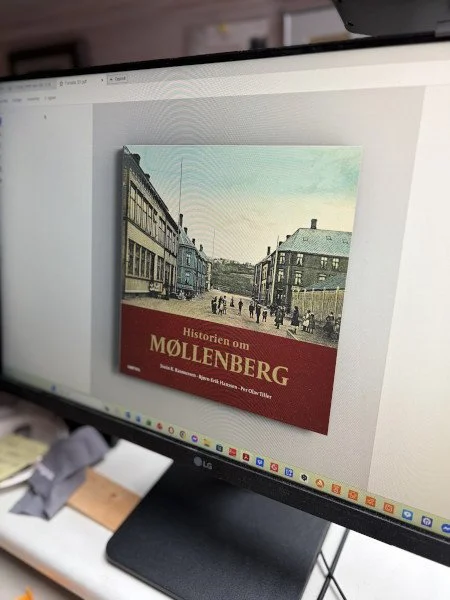 Bilde av dataskjerm med forsiden av boka.