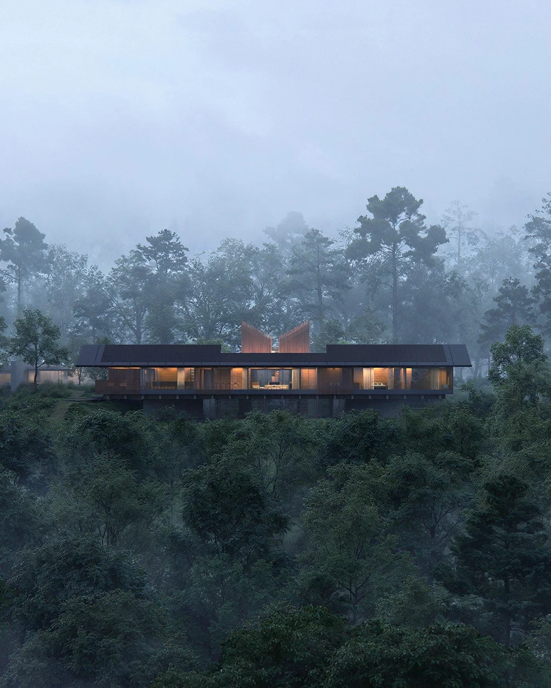 Nexus House recently gained planning permission. 

It rests over the landscape and appears to hover above sloping ground with its subtle cantilever. The main roof parts to reveal a hexagonal library for 10,000 books, set within a cloistered courtyard