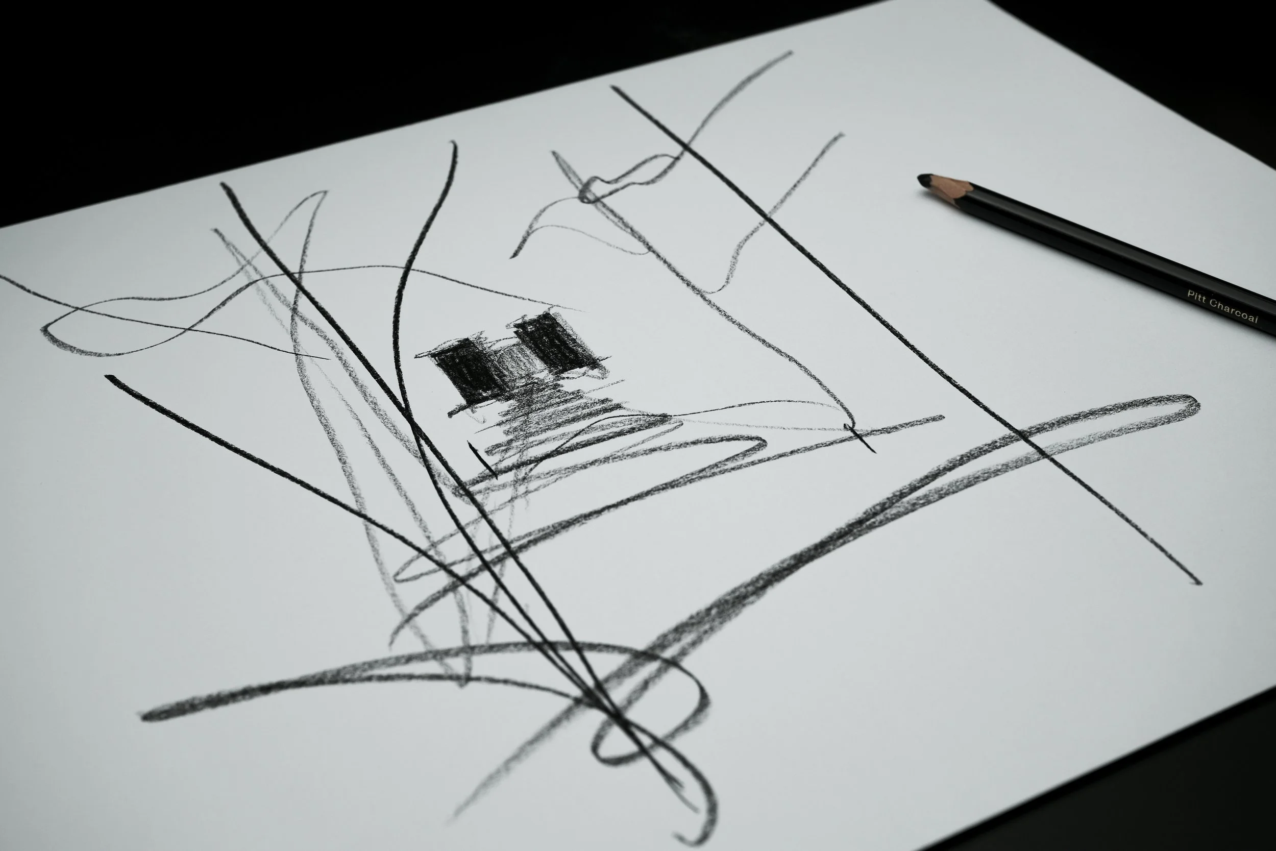 Charcoal sketch by Kristian Hyde, of Thinking Cube concept showing symmetry, geometry, and natural alignment.