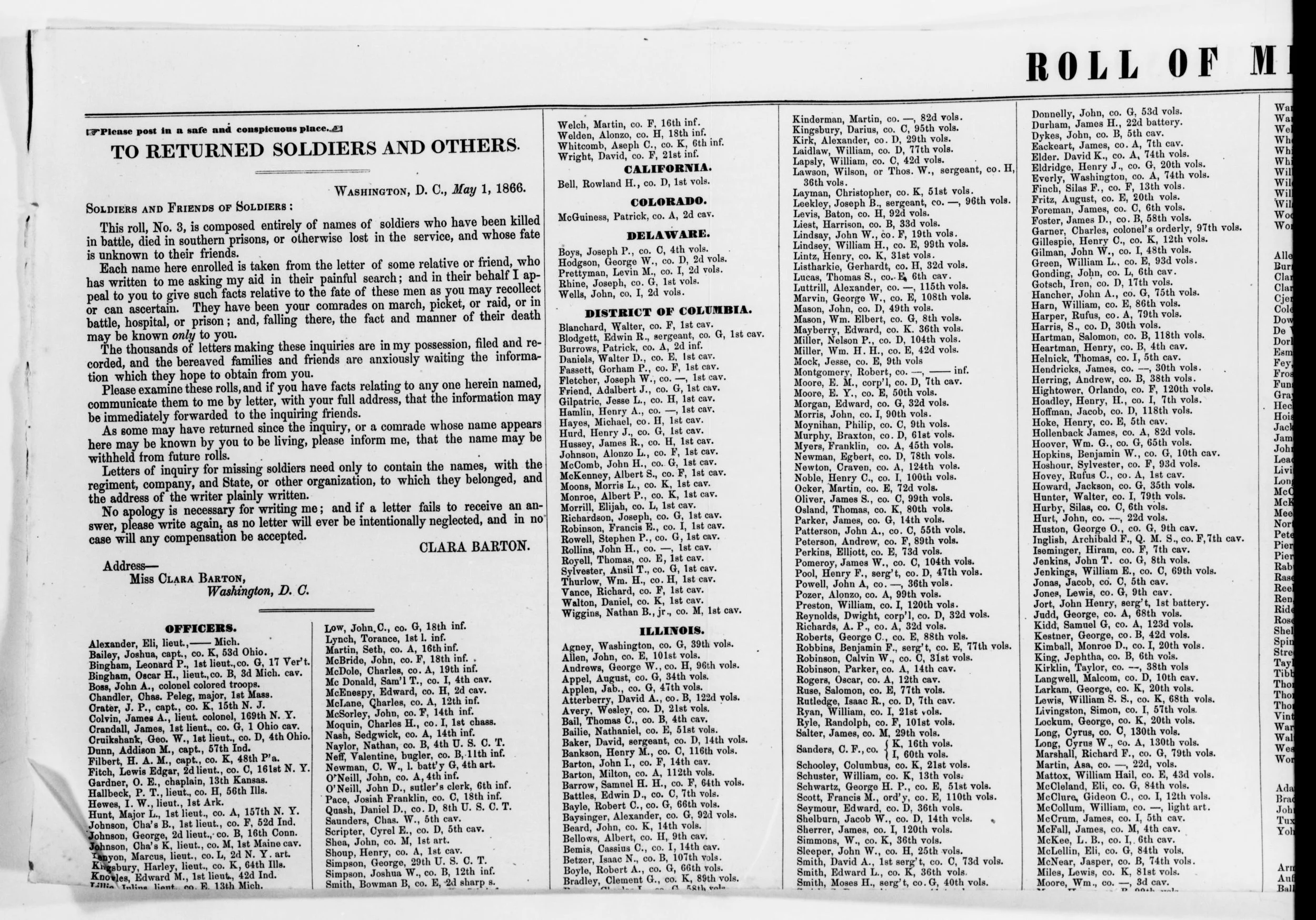 The Office of Correspondence with the Friends of the Missing Men of the U.S. Army, AKA Clara and Co., published lists of names in national papers to try and get the word out to families about what had happened to their loved ones. It was also a good…