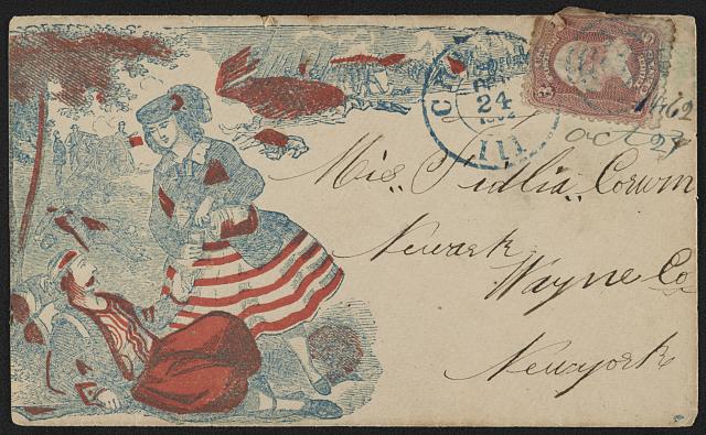 Envelopes were still a pretty new thing when the war rolled around, and many Civil War-themed envelopes popped to meet demand for them. This one features a woman pouring a drink for a wounded soldier as a battle rages - thought not always a common sight, one that people liked a lot. October 1862. Courtesy of the Library of Congress.