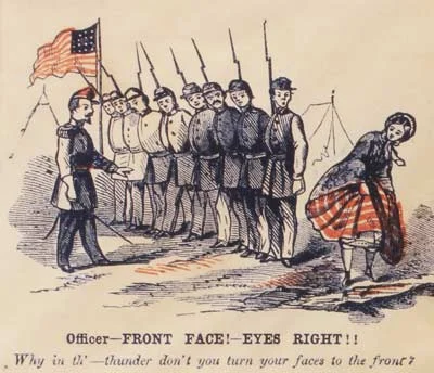 This is actually one of the many patriotic envelopes that were made for soldiers to use during the Civil War. I’m not really sure who this girl is supposed to be - a prostitute? Just an overzealous patriot? - but ladies who hung around with soldiers