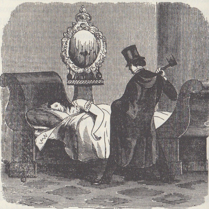 The cops had a LOT of reasons to think that young Richard Robinson was the one who killed Helen Jewett. But he was let go. Apparently he told a neighbor: “Do you think I would blast my brilliant prospects by so ridiculous an act — I am a young man of only nineteen years of age yesterday, with most brilliant prospects.” Whatever, Richard. Sketch done by artist George Wilkes, 1849.