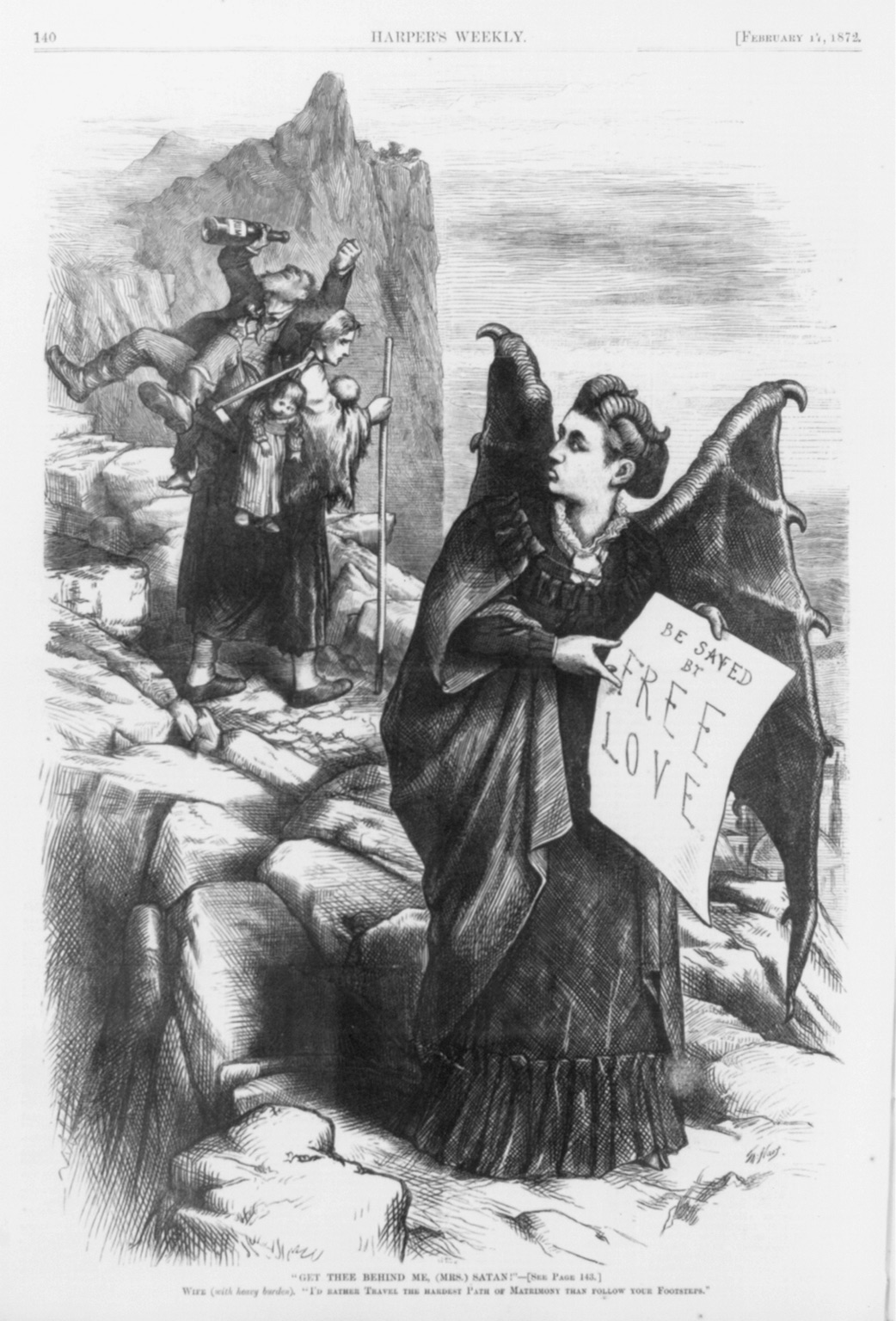 Victorian America found the idea of sex outside the bounds of marriage VERY threatening, and women speaking out about it in public? Yikes. This Harper’s Weekly sketch shows the clear Evil Danger of Free Love for women: doesn’t that lady with a drunk man and many babies strapped to her back look super sad? And then there’s Victoria Woodhull in front, looking sheepish, but fabulous in her horns and devilish wings. Courtesy of the Library of Congress.